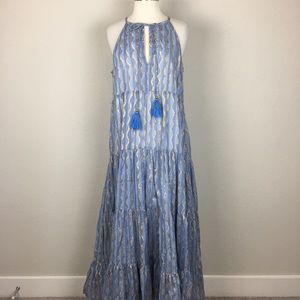 Oliphant Blue & Gold Tiered Ruffle Maxi Dress xl